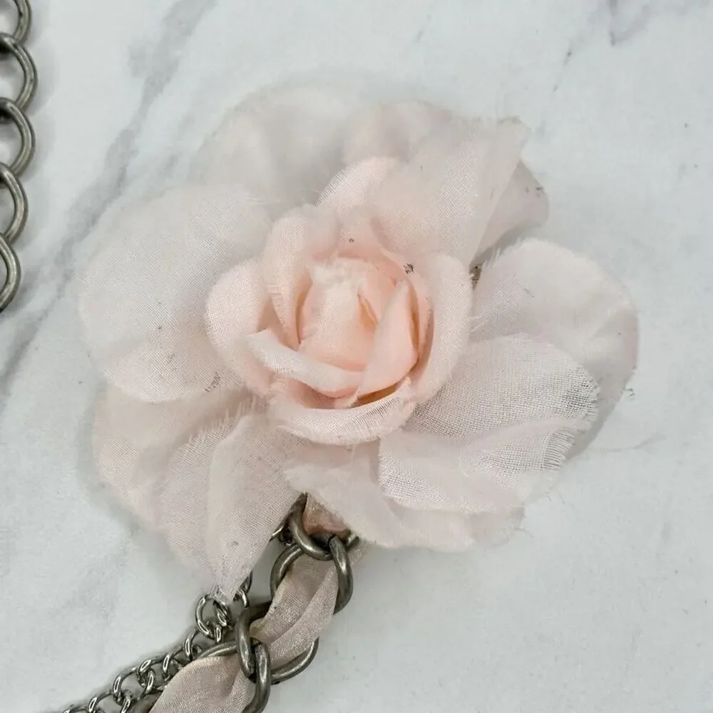 Pink Flower Rhinestone Silver Tone Metal Chain Link Belt Size Large L XL